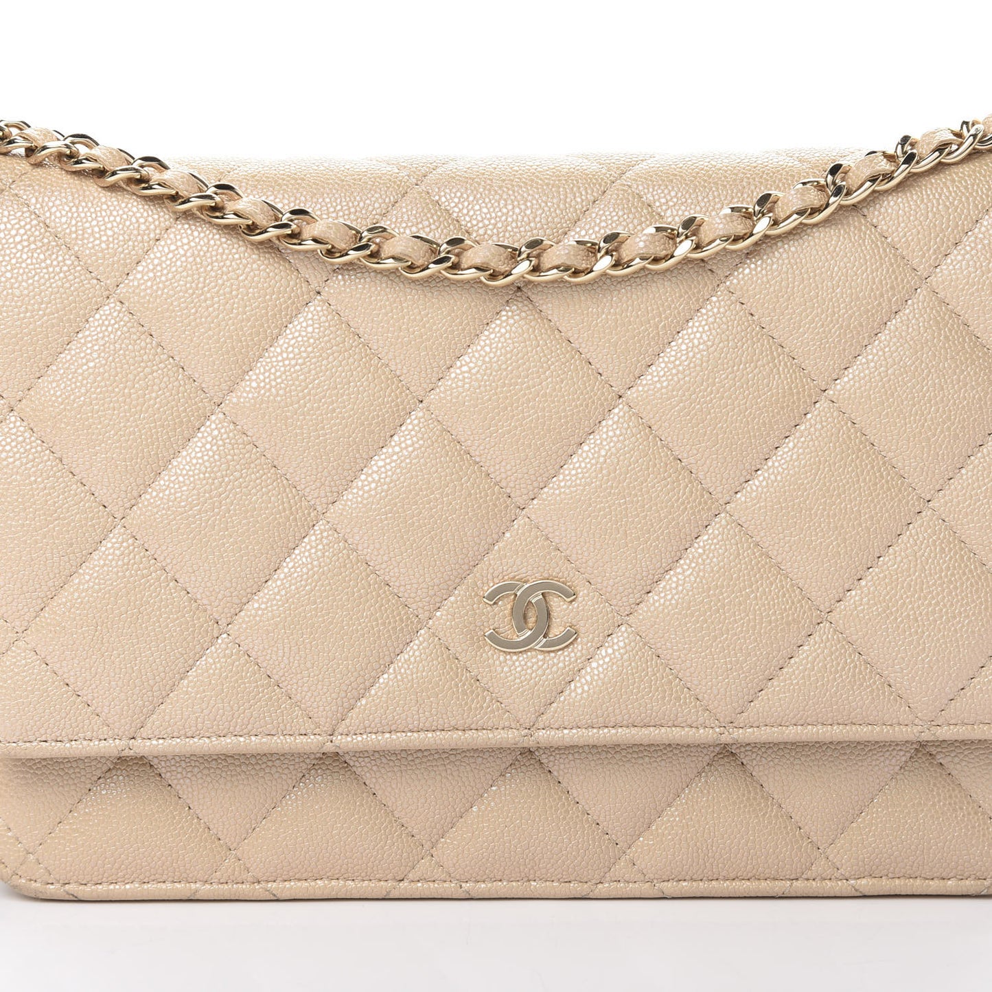 Iridescent Caviar Quilted Wallet On Chain WOC Beige