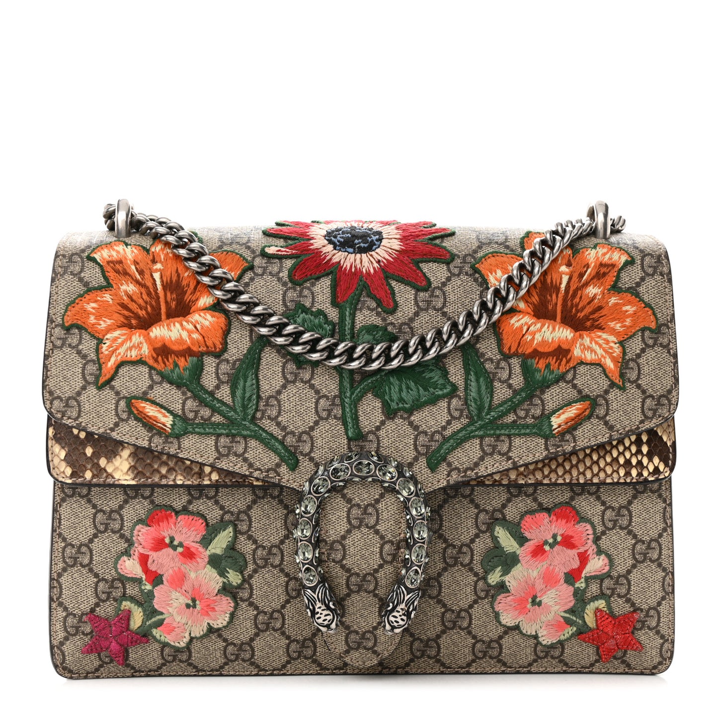 GG Supreme Monogram Snakeskin Flower Embroidered Medium Dionysus Shoulder Bag Beige Orange