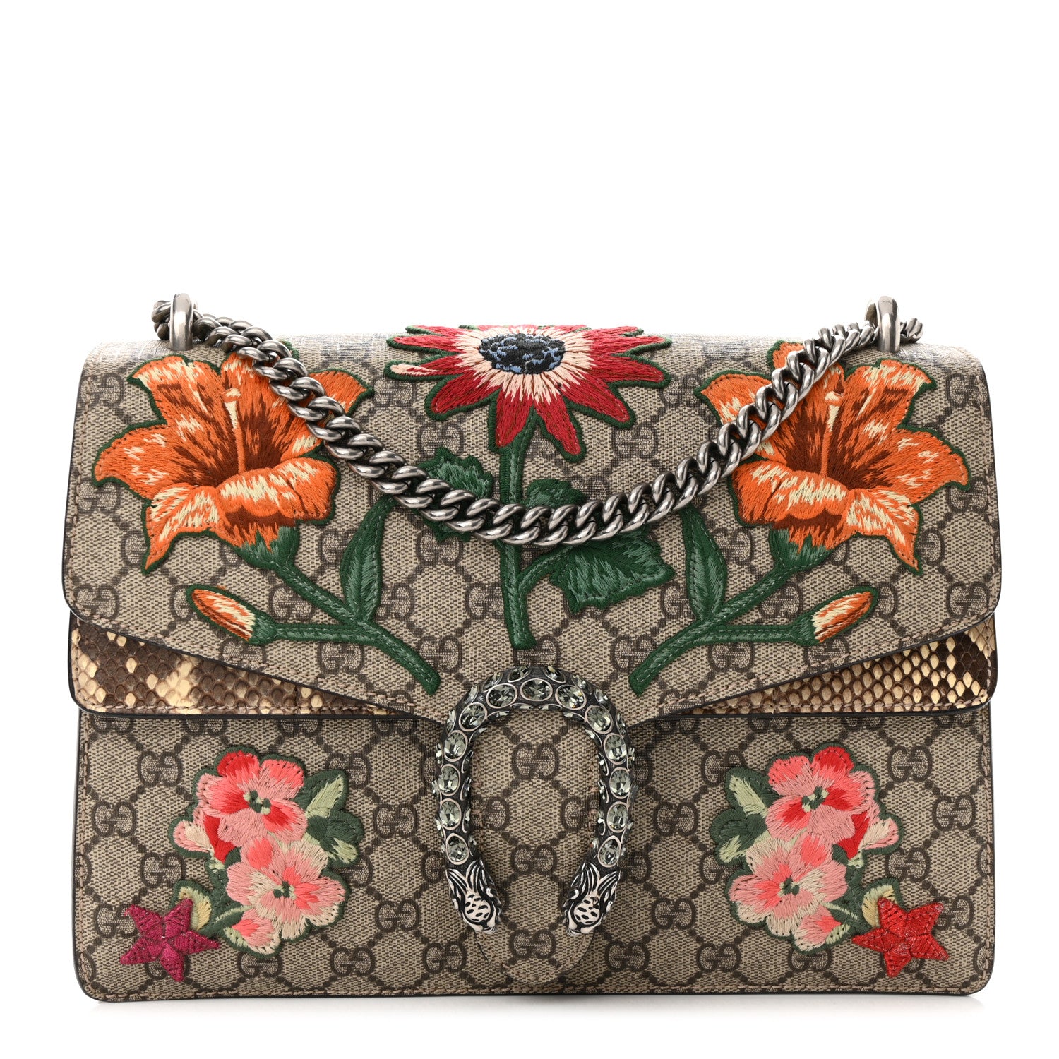 Gucci GG Supreme Monogram Snakeskin Flower Embroidered Medium Dionysus Shoulder Bag Beige Orange 1 of 15
