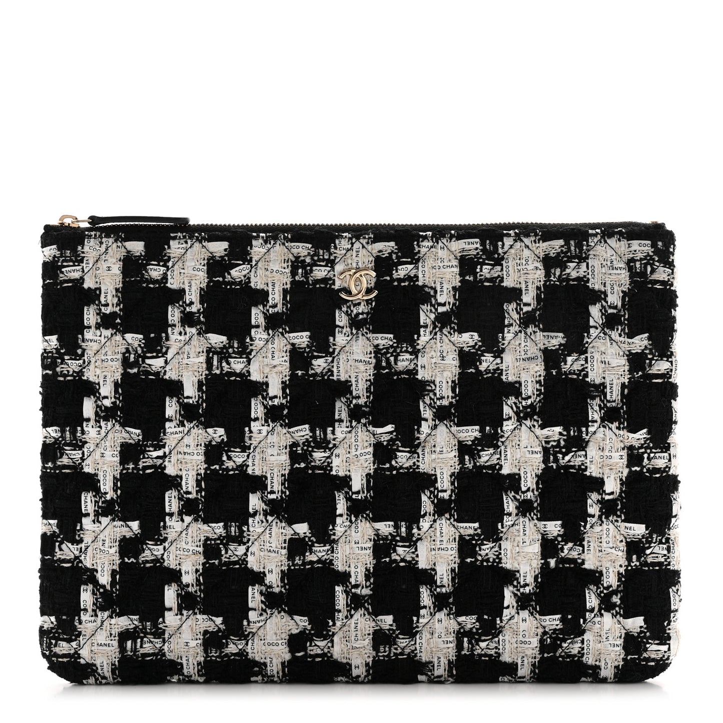 Tweed Quilted Medium Cosmetic Pouch Black Ecru White