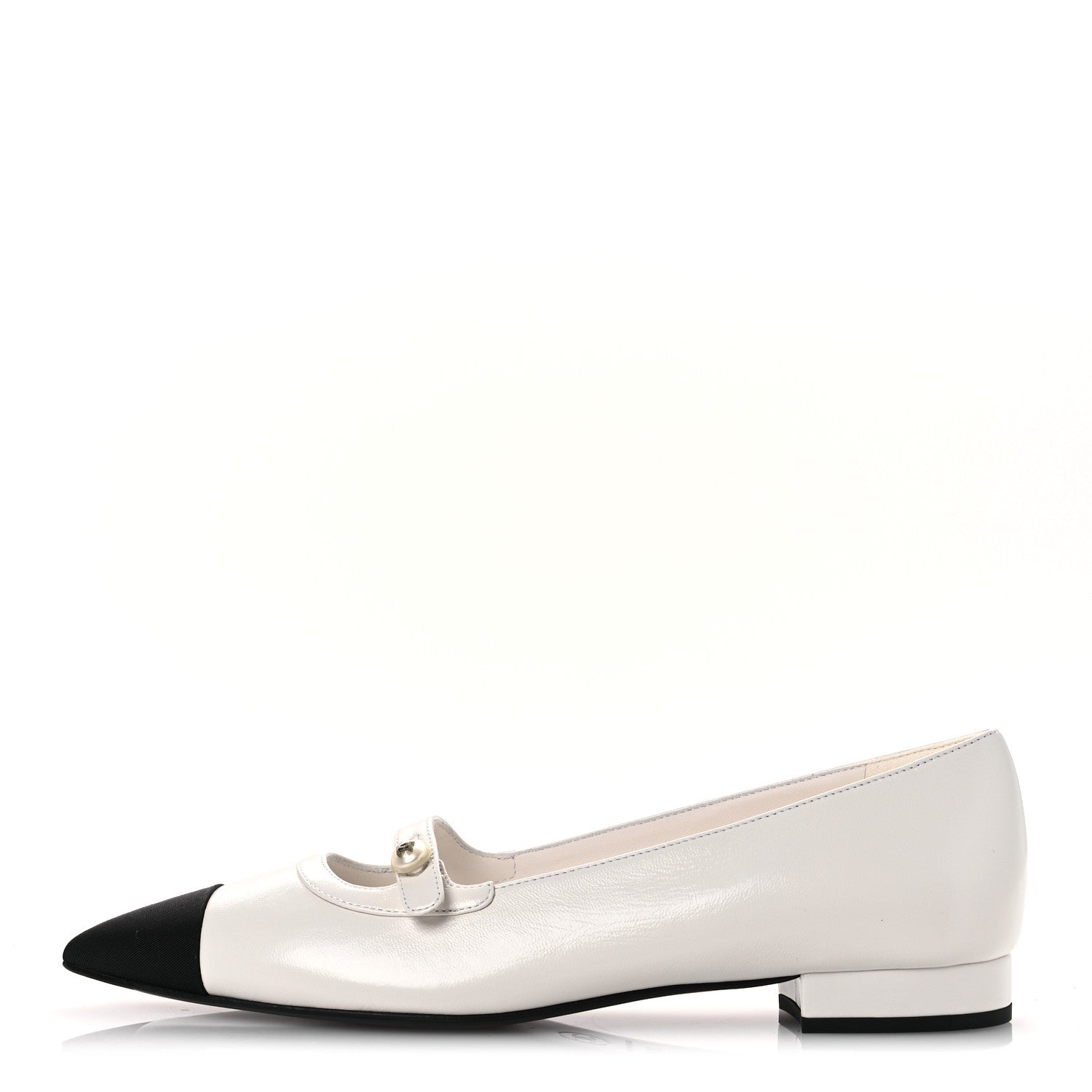 Chanel Shiny Lambskin Grosgrain Pearl Mary Janes Flats 39.5 White Black 1 of 11