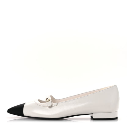 Chanel Shiny Lambskin Grosgrain Pearl Mary Janes Flats 39.5 White Black 1 of 11