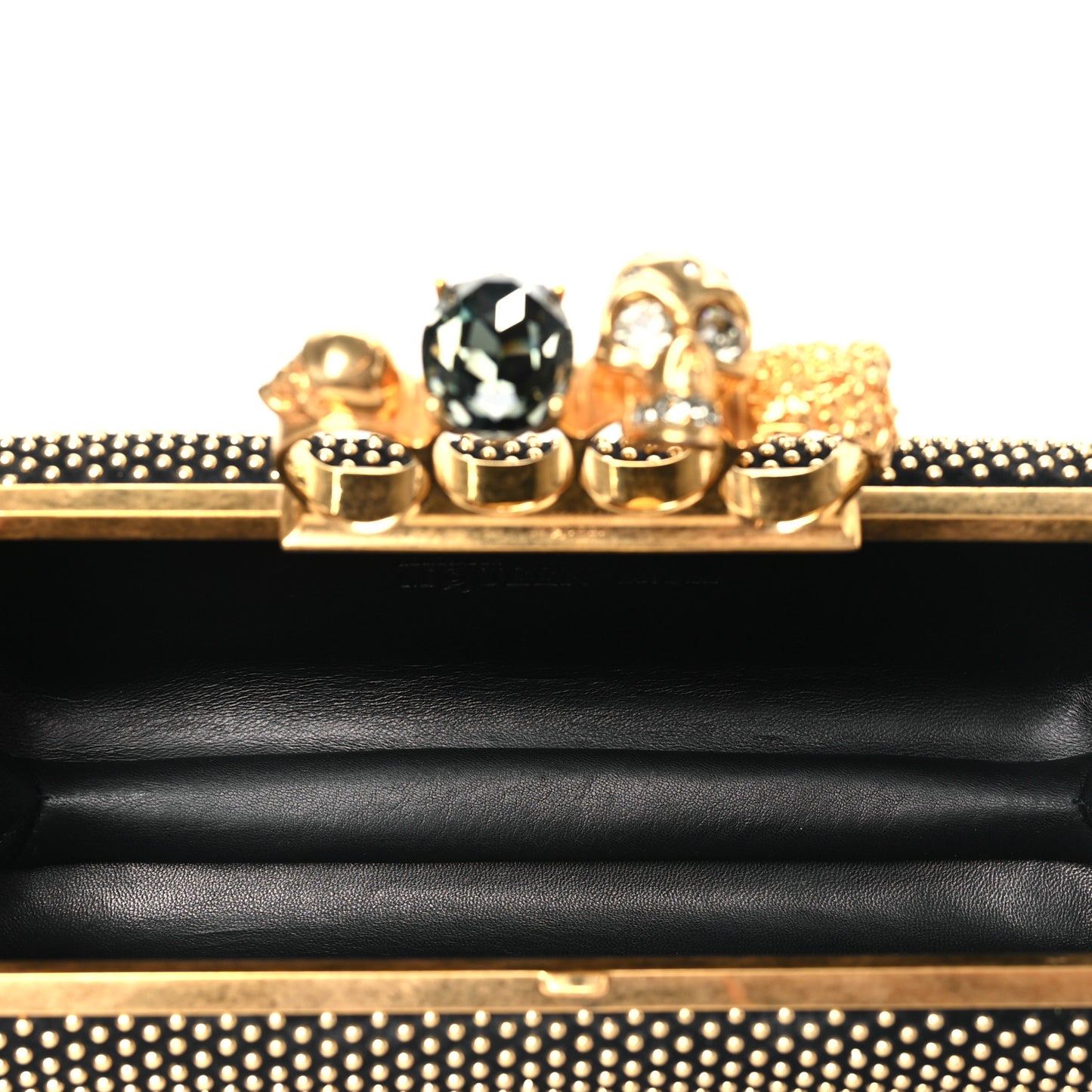 Suede Studded Skull Knuckle Box Clutch Black Gold