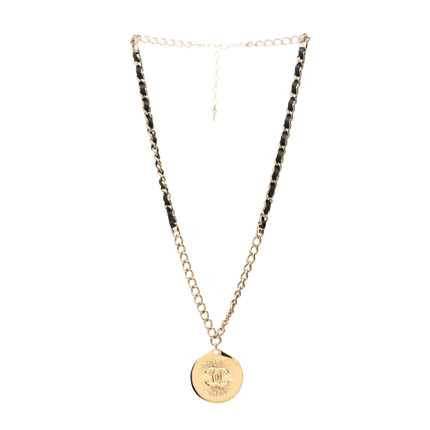 Lambskin CC Chain Reversible Pendant Necklace Gold Black
