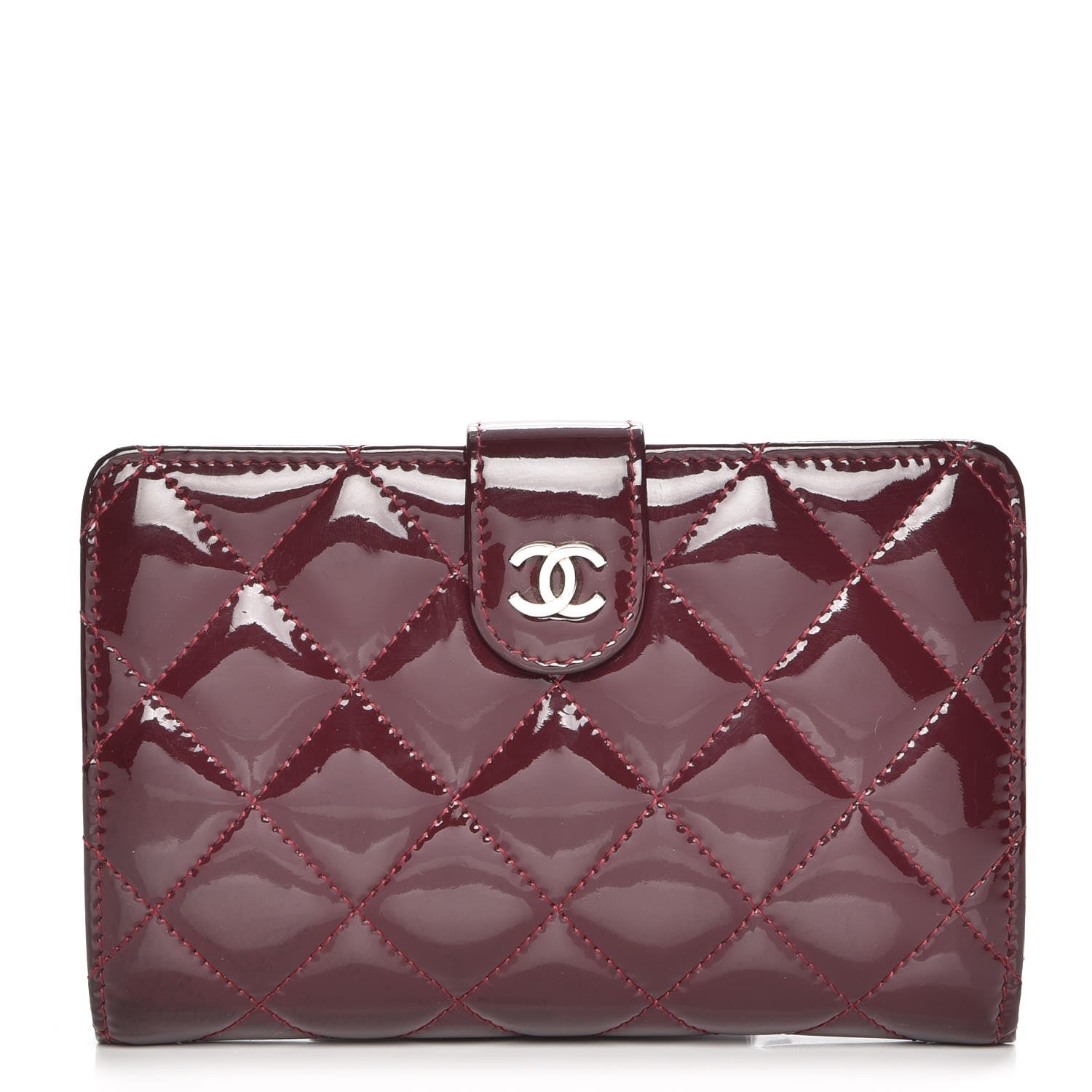 Chanel Patent Quilted Zip Pocket Wallet Burgundy 1 of 9