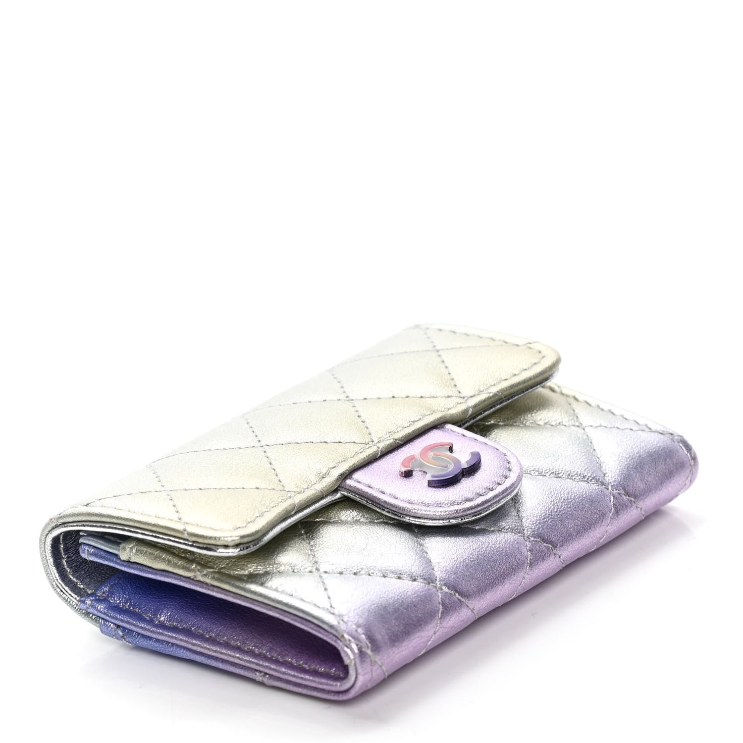Chanel Gradient Metallic Calfskin Quilted Flap Card Holder Wallet Silver Blue Yellow Purple 4 of 8