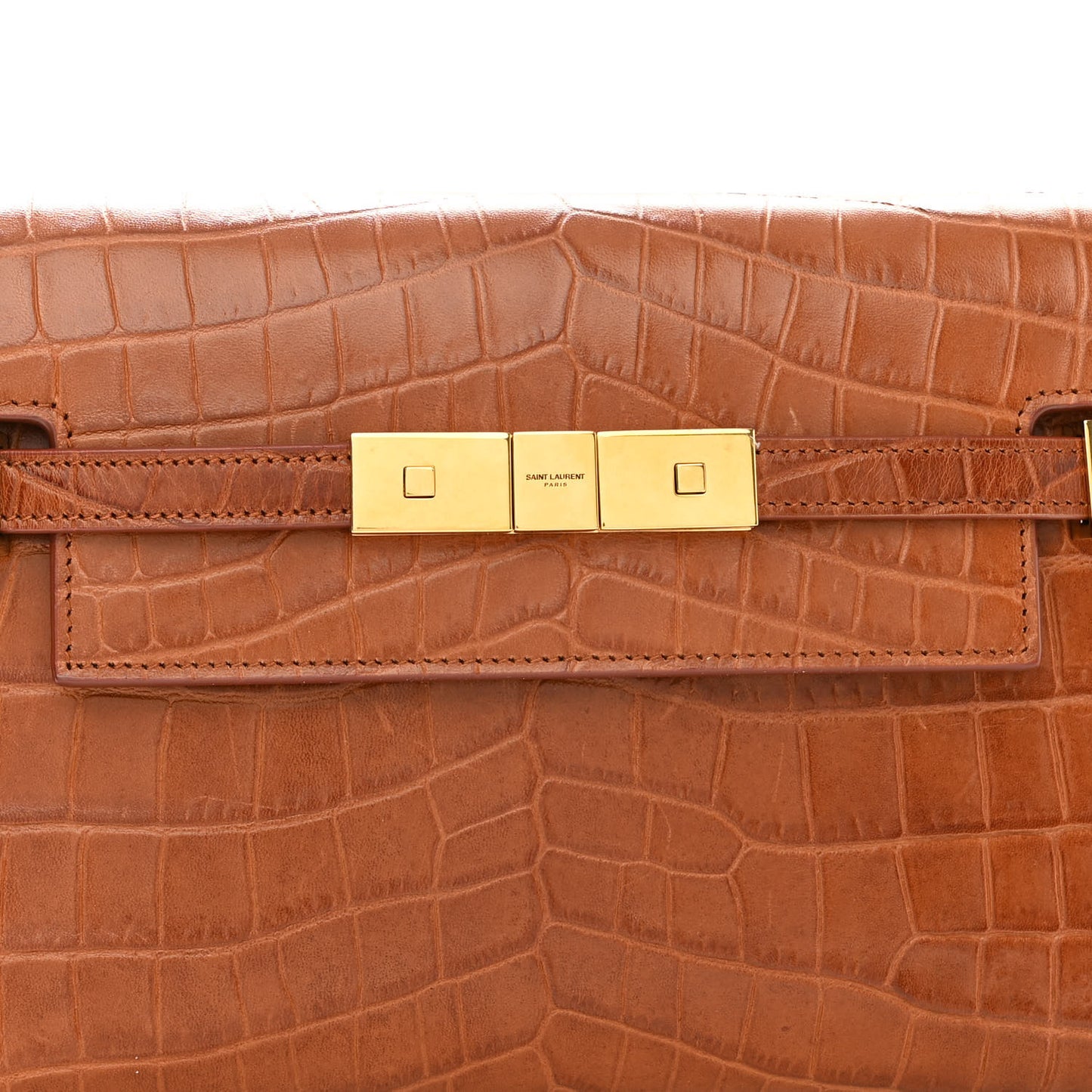 Shiny Calfskin Crocodile Embossed Small Manhattan Baguette Dark Caramel