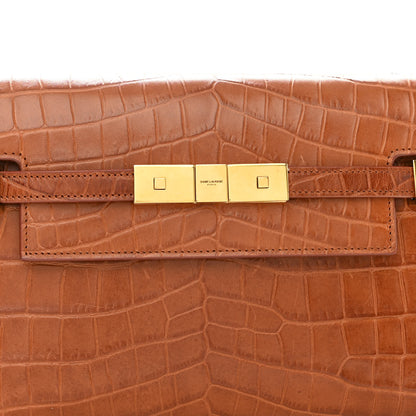Saint Laurent Shiny Calfskin Crocodile Embossed Small Manhattan Baguette Dark Caramel 6 of 9