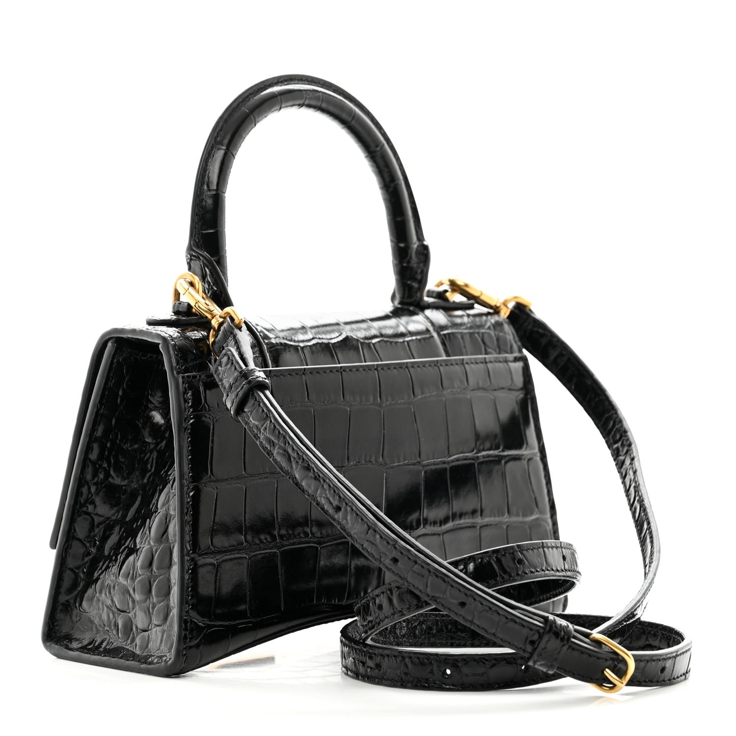 Shiny Calfskin Crocodile Embossed Hourglass Top Handle Bag XS Black