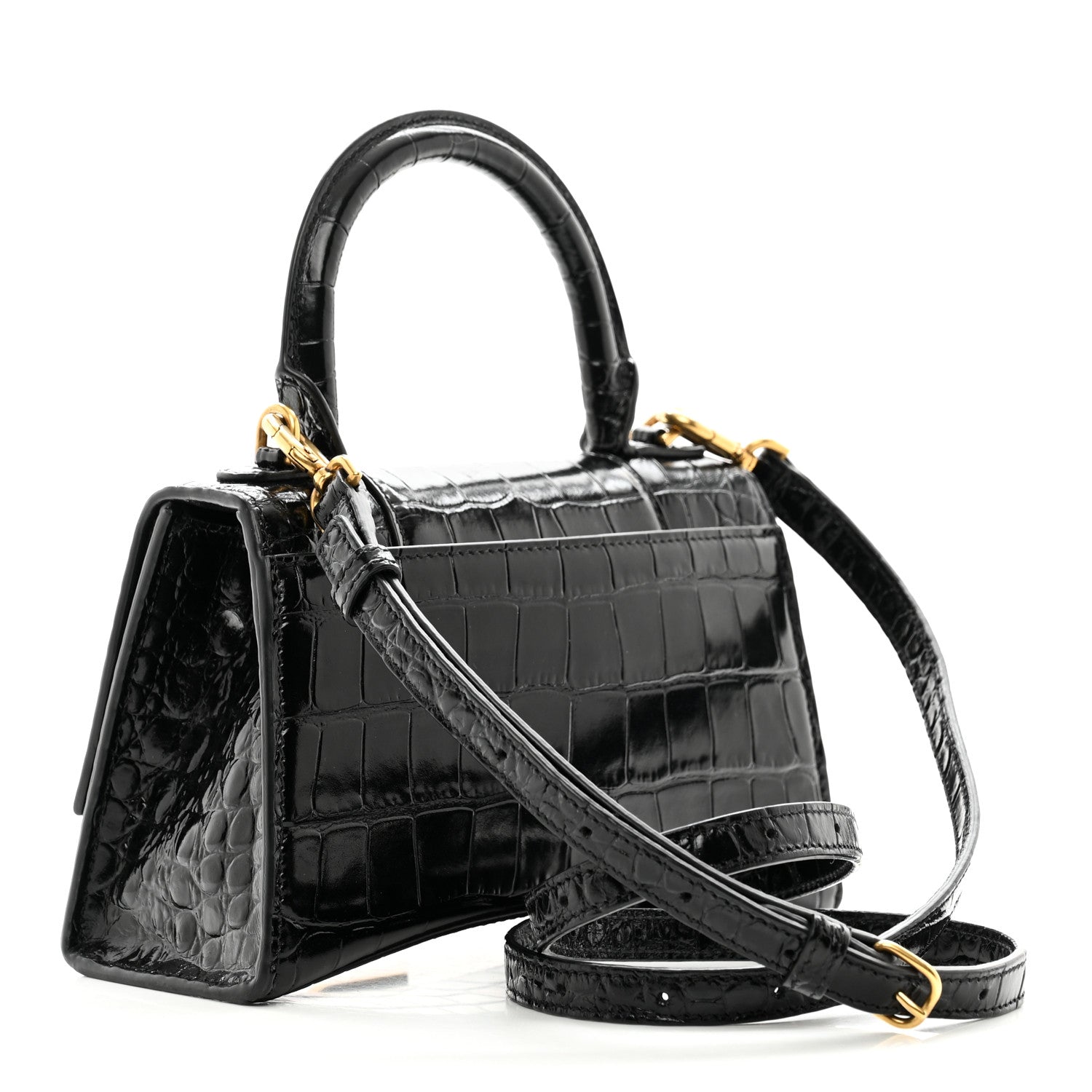 Balenciaga Shiny Calfskin Crocodile Embossed Hourglass Top Handle Bag XS Black 3 of 11