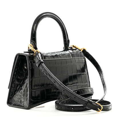 Balenciaga Shiny Calfskin Crocodile Embossed Hourglass Top Handle Bag XS Black 3 of 11