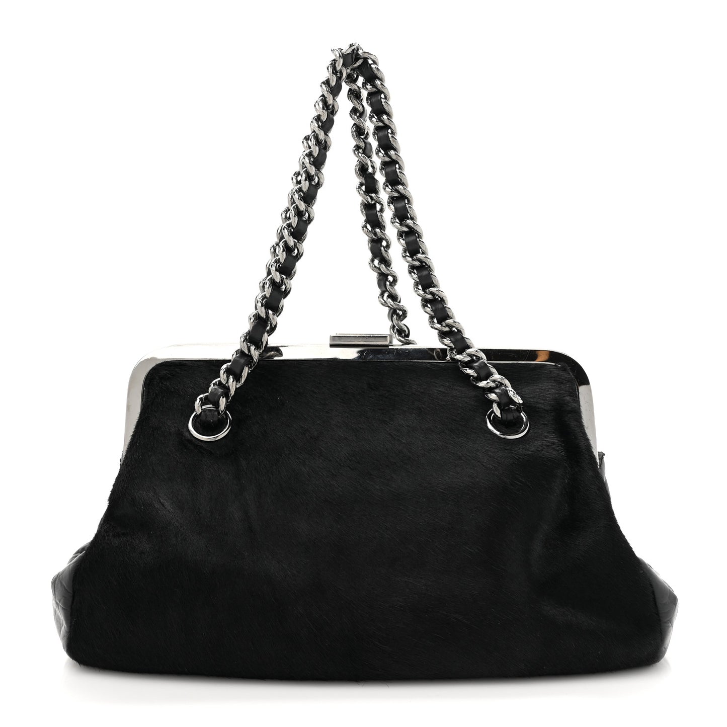 Pony Hair Lambskin Quilted Kiss Lock Frame Bag Black