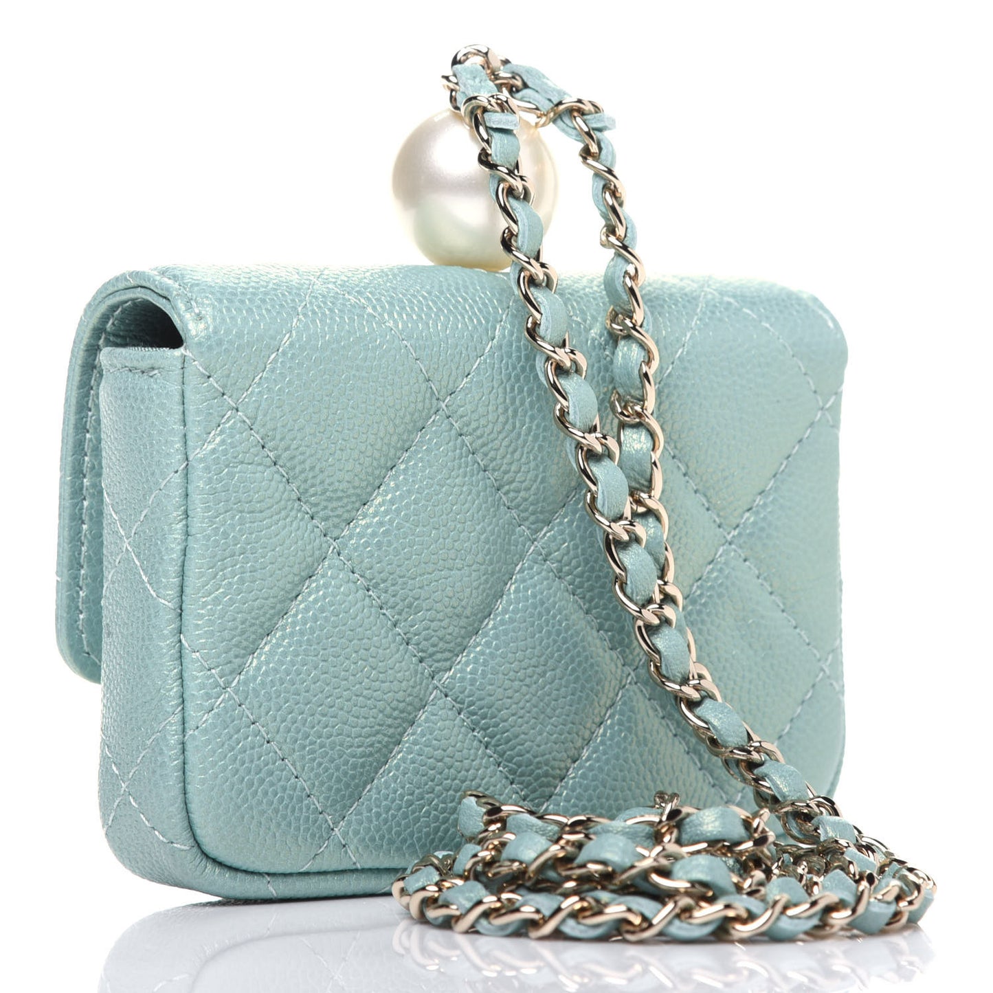 Iridescent Caviar Quilted Pearl On Top Coin Purse With Chain Light Green