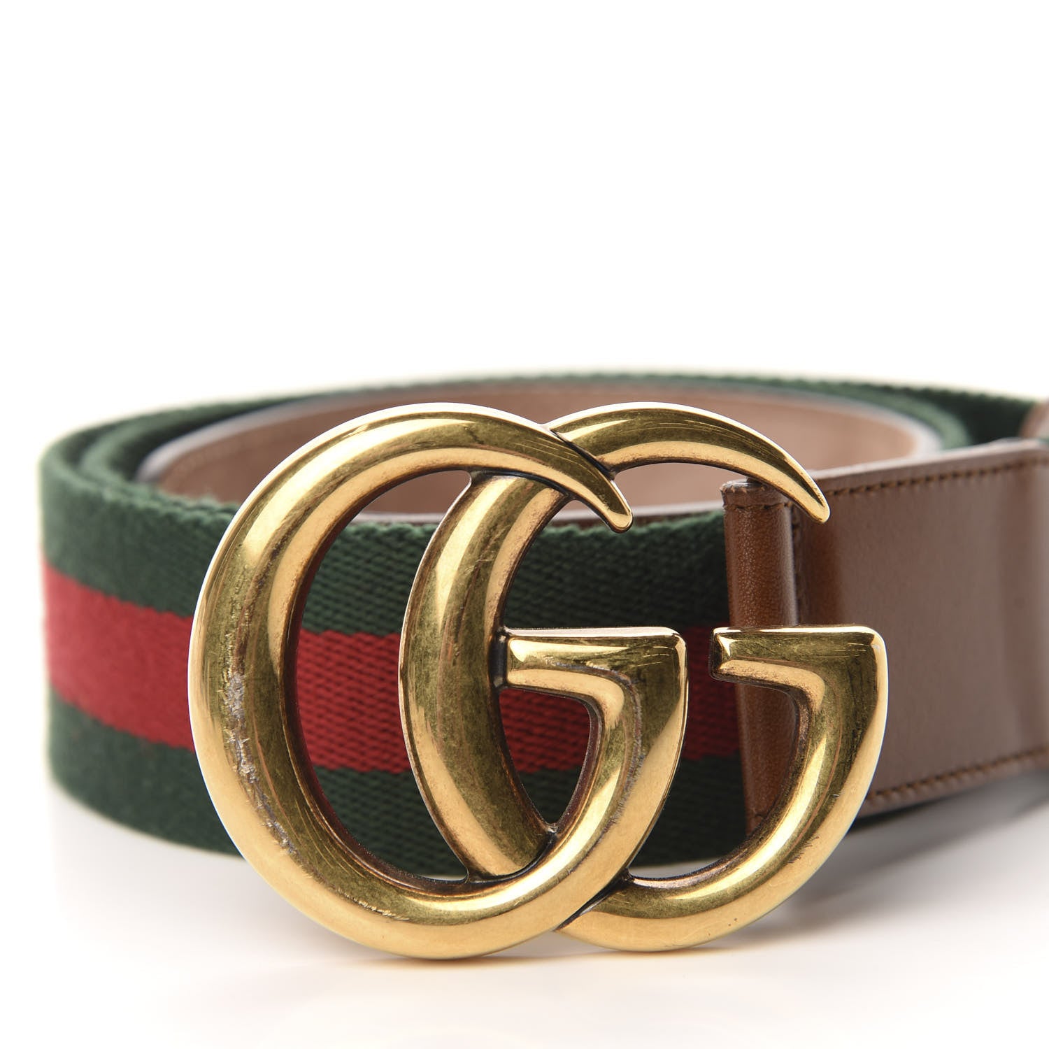Gucci Nylon Calfskin Double G Web 40mm Belt 85 34 Green Red Cuir 3 of 7