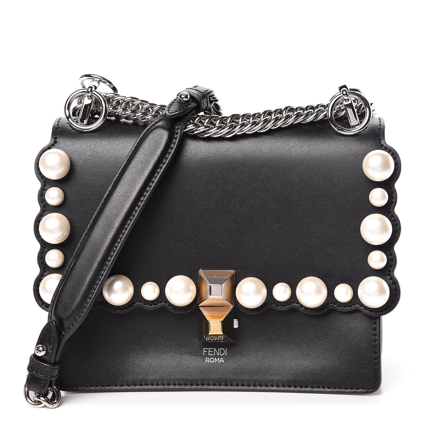Vitello Liberty Pearl Scalloped Studded Small Kan I Shoulder Bag Black