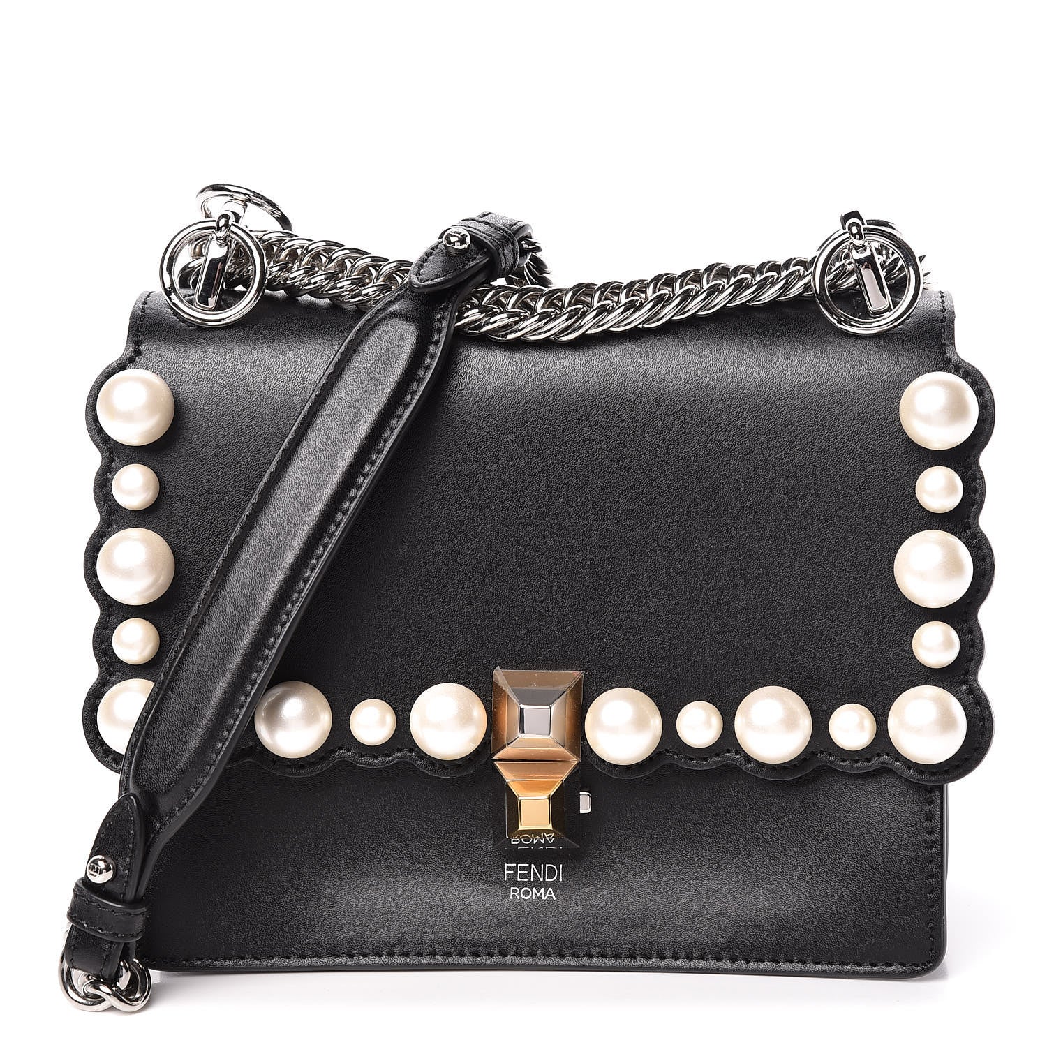 Fendi Vitello Liberty Pearl Scalloped Studded Small Kan I Shoulder Bag Black 1 of 11