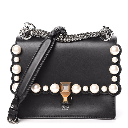 Fendi Vitello Liberty Pearl Scalloped Studded Small Kan I Shoulder Bag Black 1 of 11