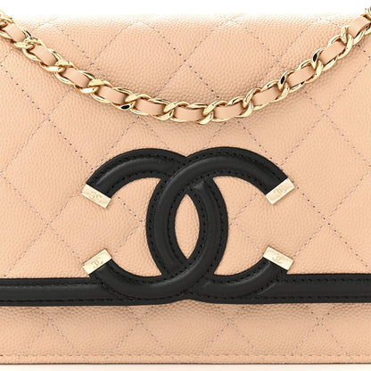 Chanel Caviar Quilted CC Filigree Wallet On Chain WOC Beige Black 9 of 12