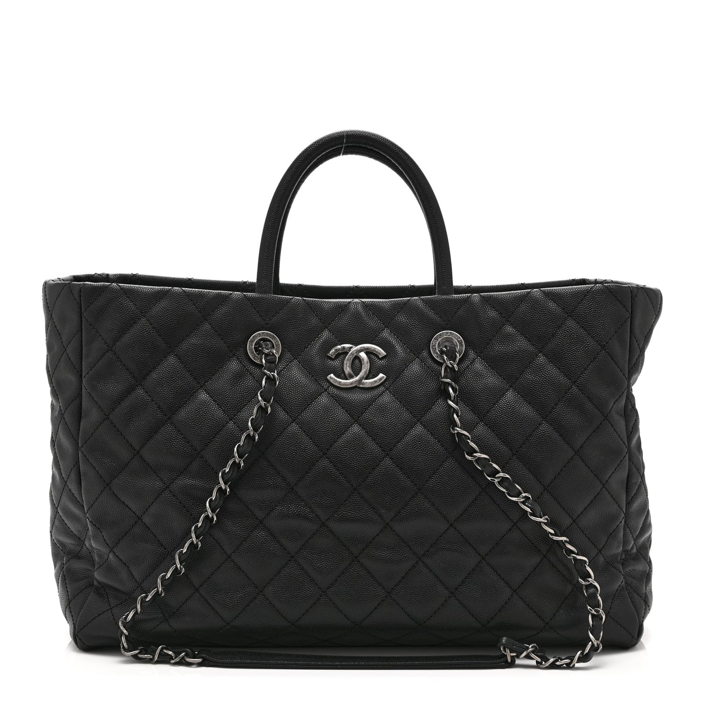 Caviar Quilted Large Coco Handle Shopping Tote Black