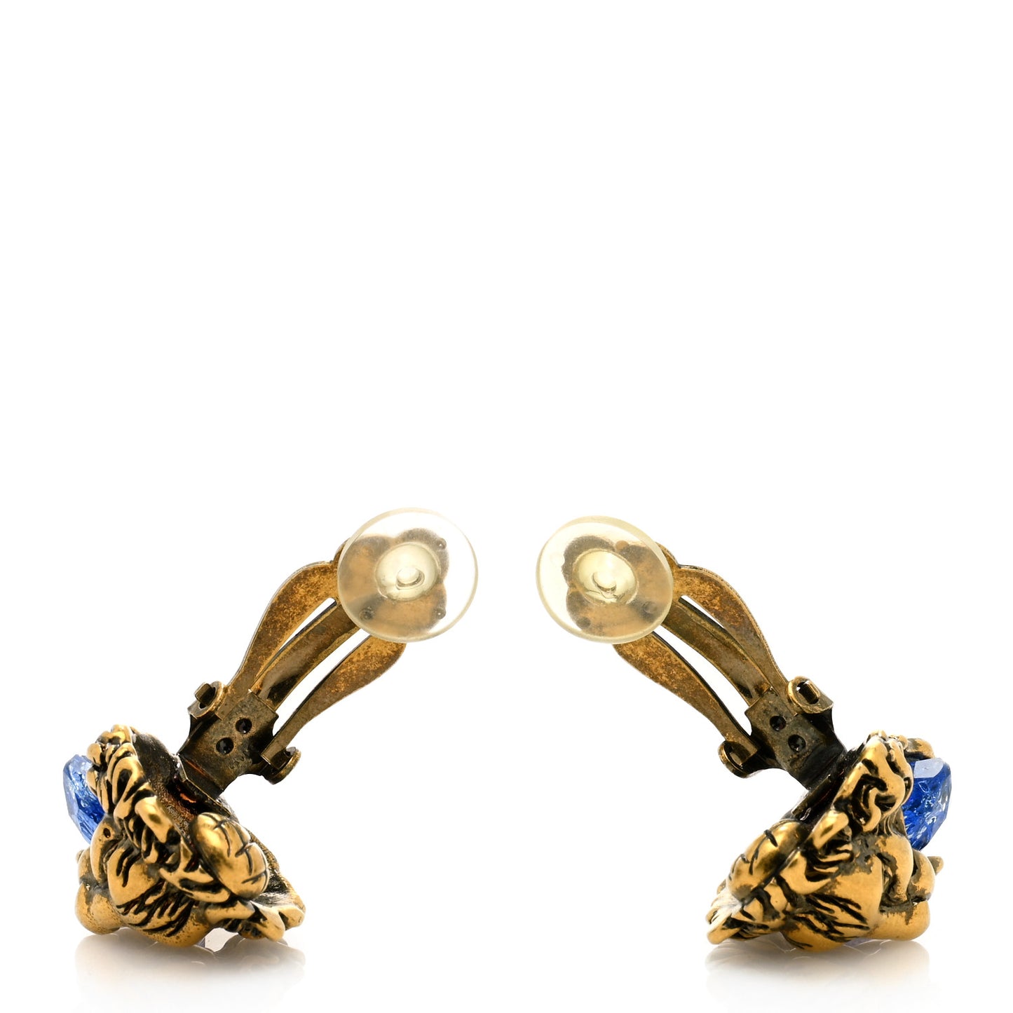 Metal Crystal Lion Clip On Earrings Aged Gold Blue