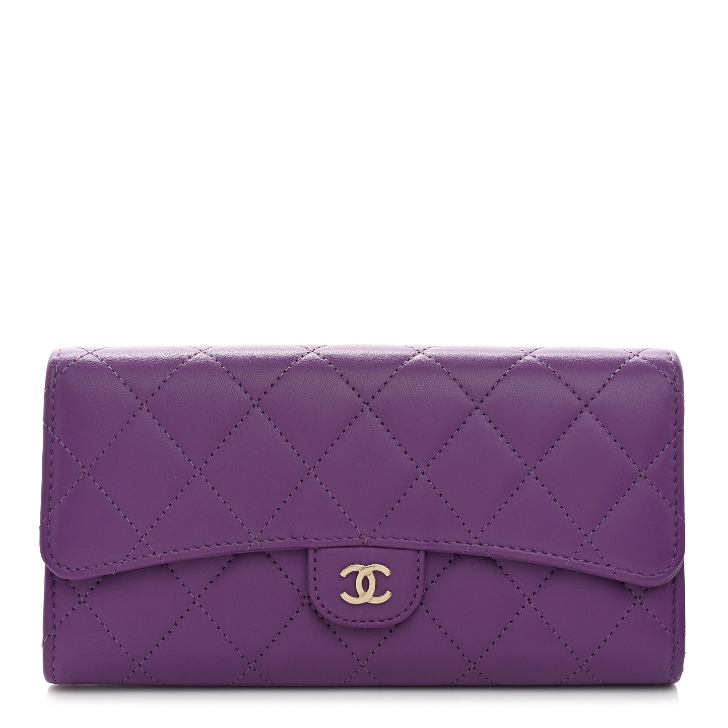 Lambskin Quilted Large Gusset Flap Wallet Purple