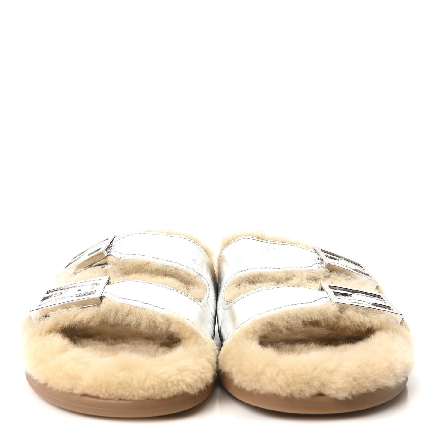 Shearling Metallic Vitello Womens FF Fendi Feel Buckled Slide Sandals 40 Argento