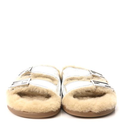 Fendi Shearling Metallic Vitello Womens FF Fendi Feel Buckled Slide Sandals 40 Argento 3 of 9
