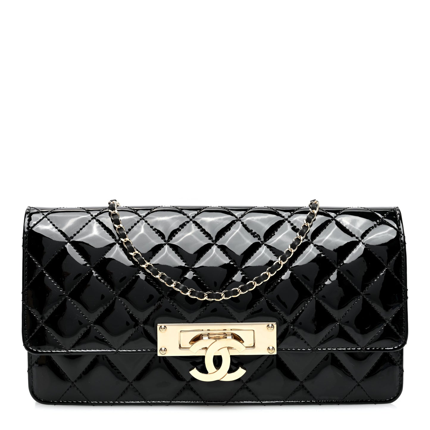 Patent Quilted Golden Class Wallet on Chain WOC Black