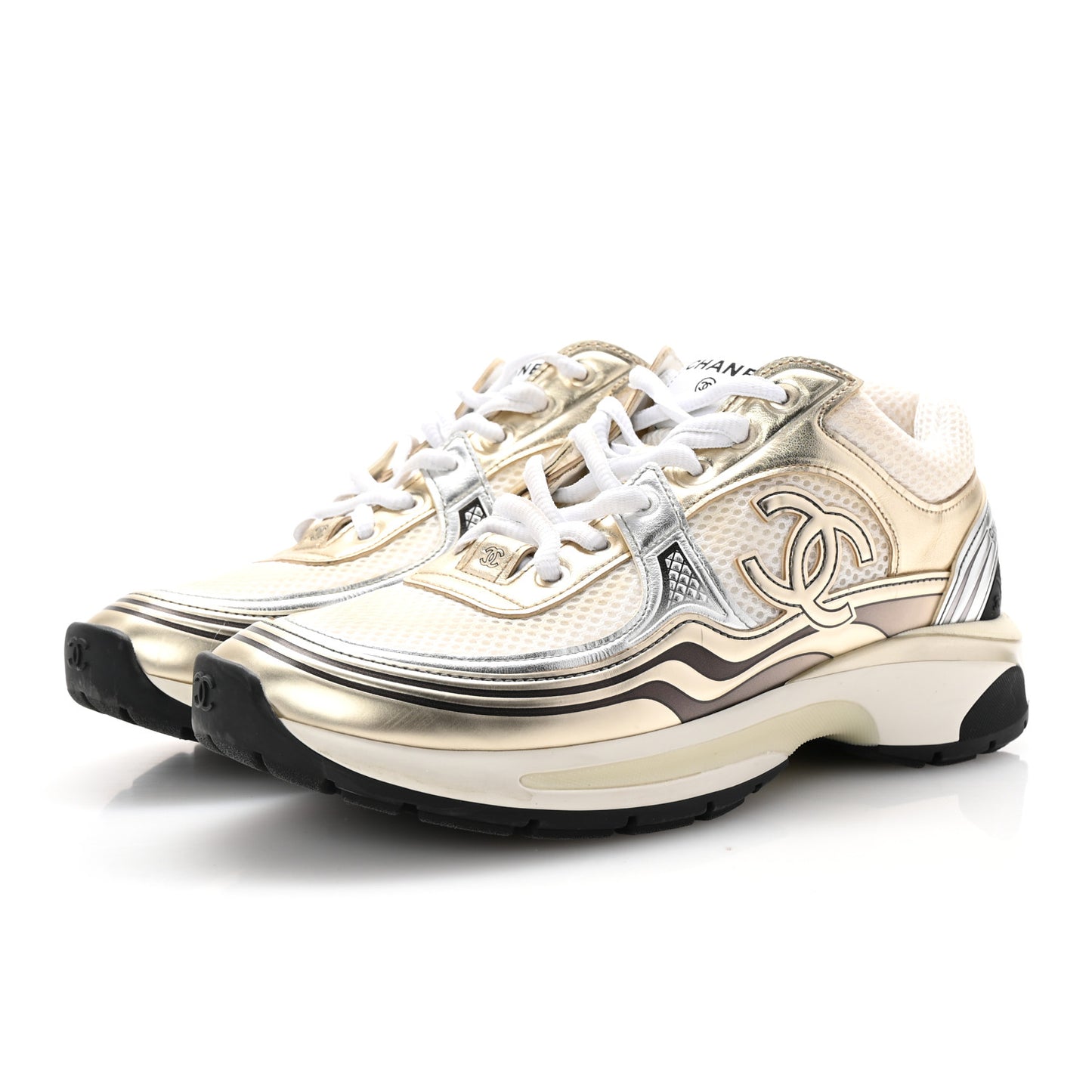 Fabric Laminated Calfskin Stretch CC Sneakers 38.5 White Gold Silver