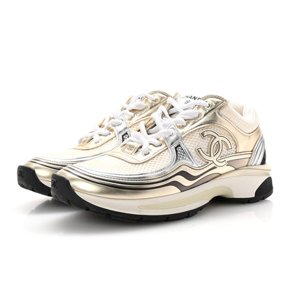 Chanel Fabric Laminated Calfskin Stretch CC Sneakers 38.5 White Gold Silver 4 of 10