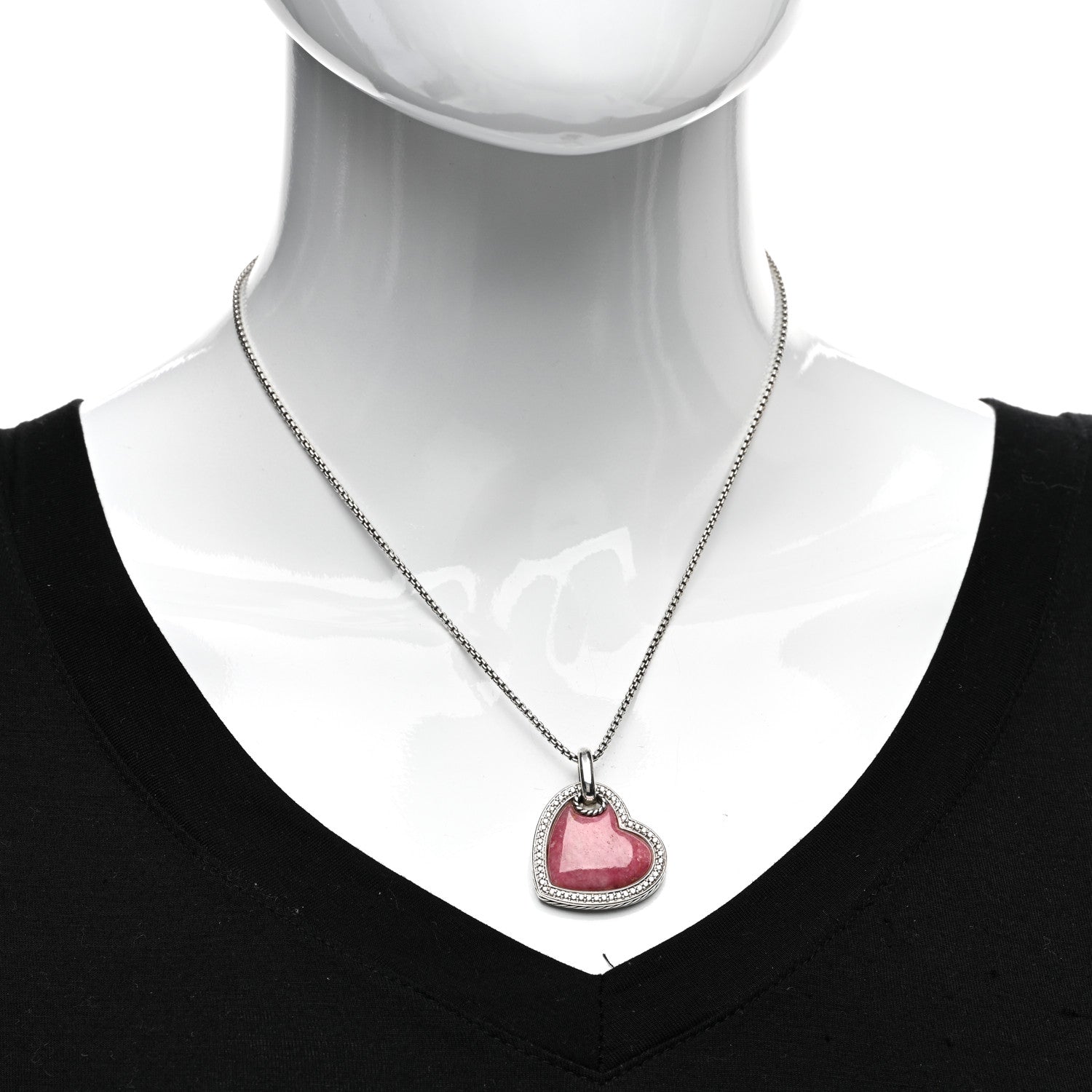 David Yurman Sterling Silver Diamond Rhodochrosite Heart Pendant Necklace 2 of 4
