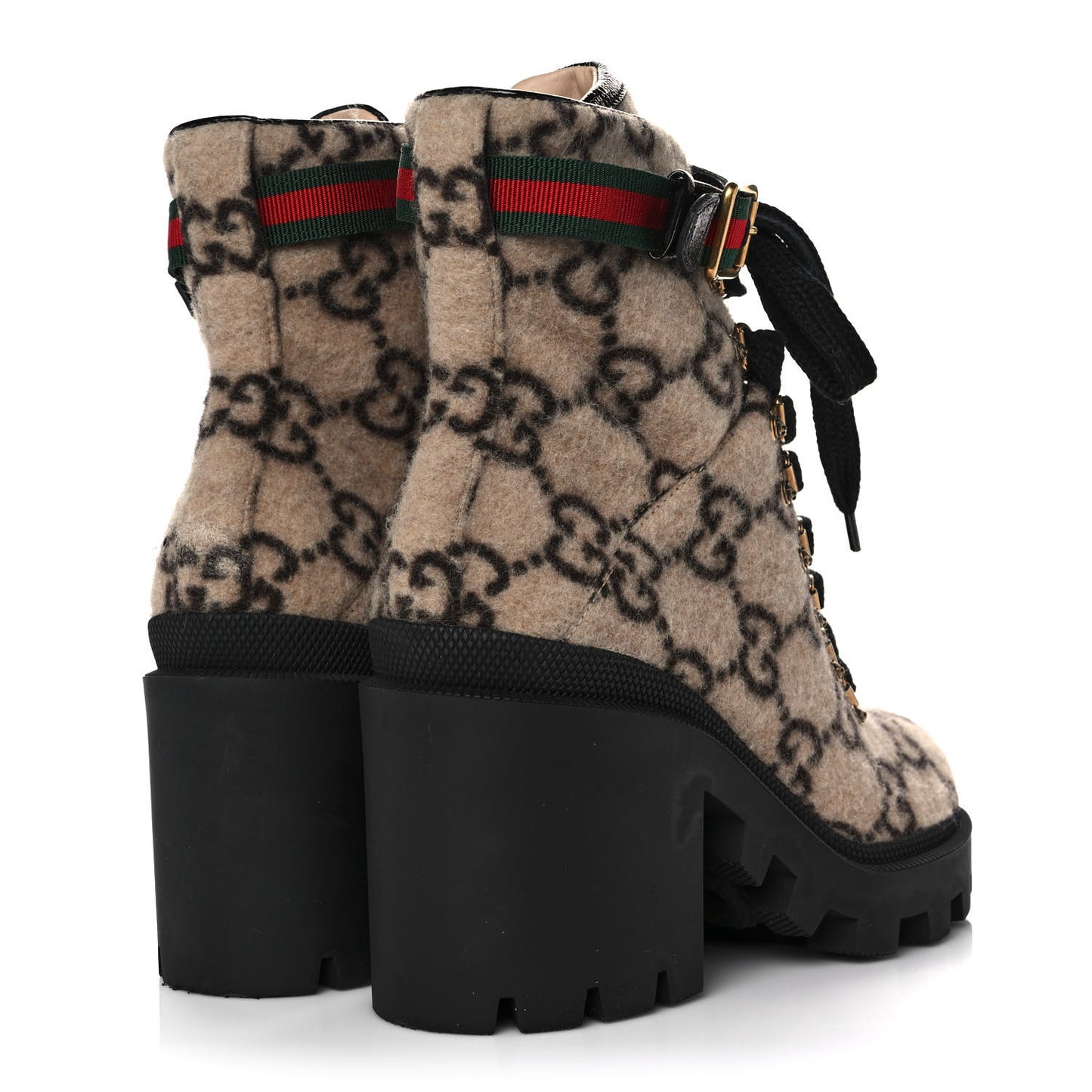Covered Wool GG Monogram Womens Lace Up Combat Ankle Boots 38 Beige Ebony Black