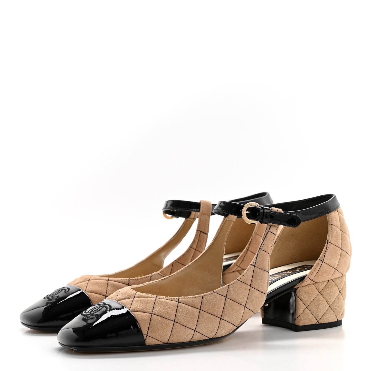 Suede Kidskin Patent Cap Toe Quilted Mary Jane Flats 41 Beige Black