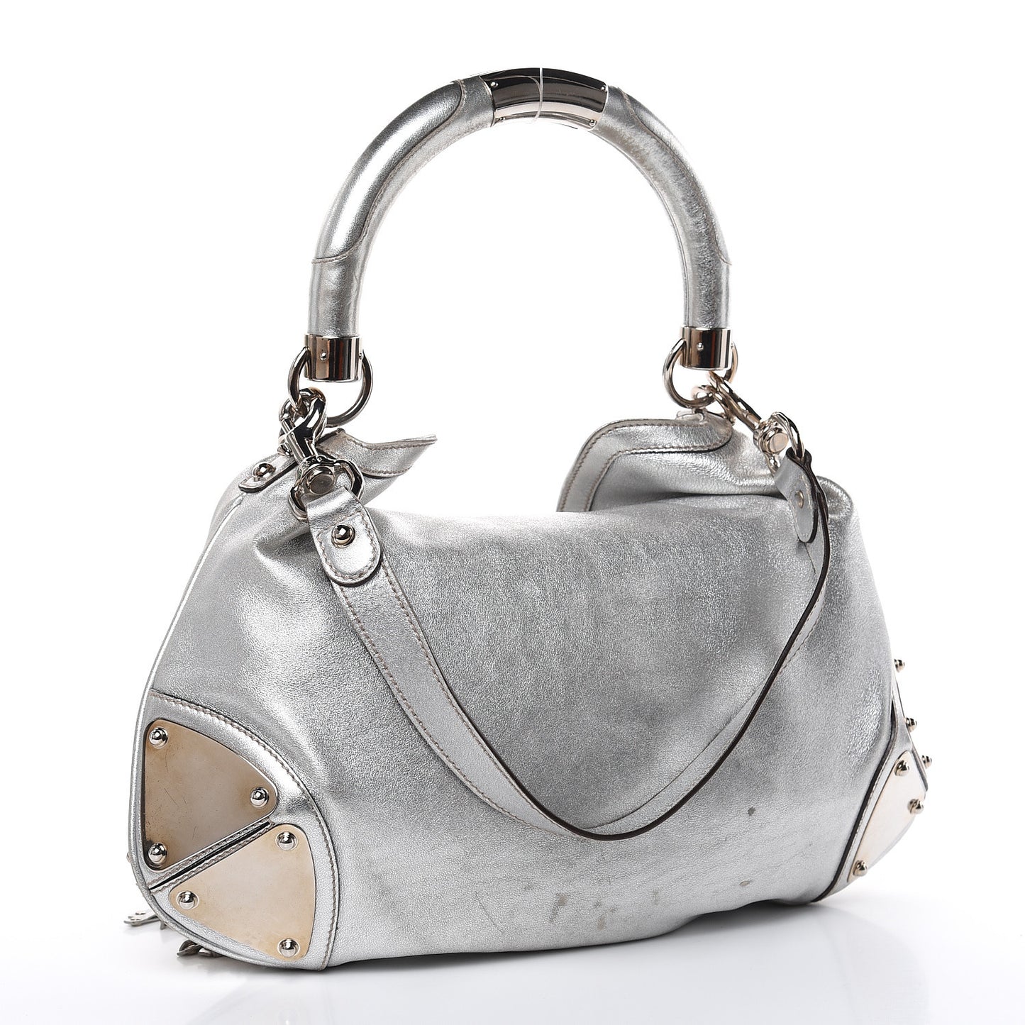 Metallic Calfskin Medium Indy Top Handle Hobo Silver