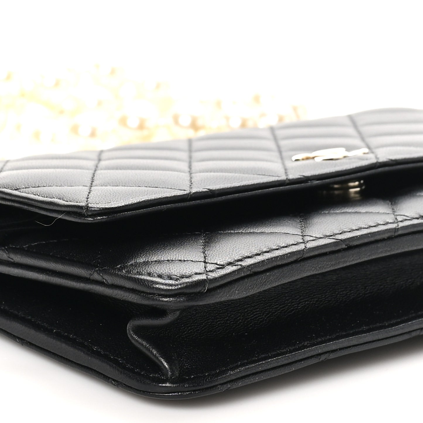 Lambskin Quilted Pearl Wallet On Chain WOC Black