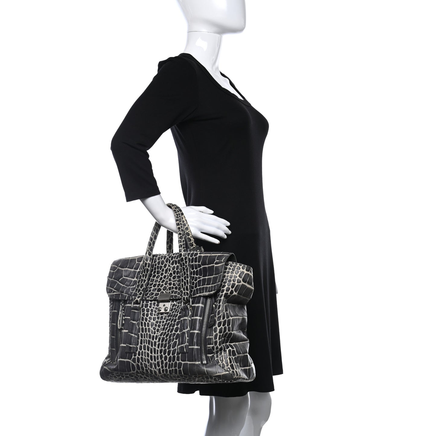 Calfskin Crocodile Embossed Large Pashli Satchel Antique Grey