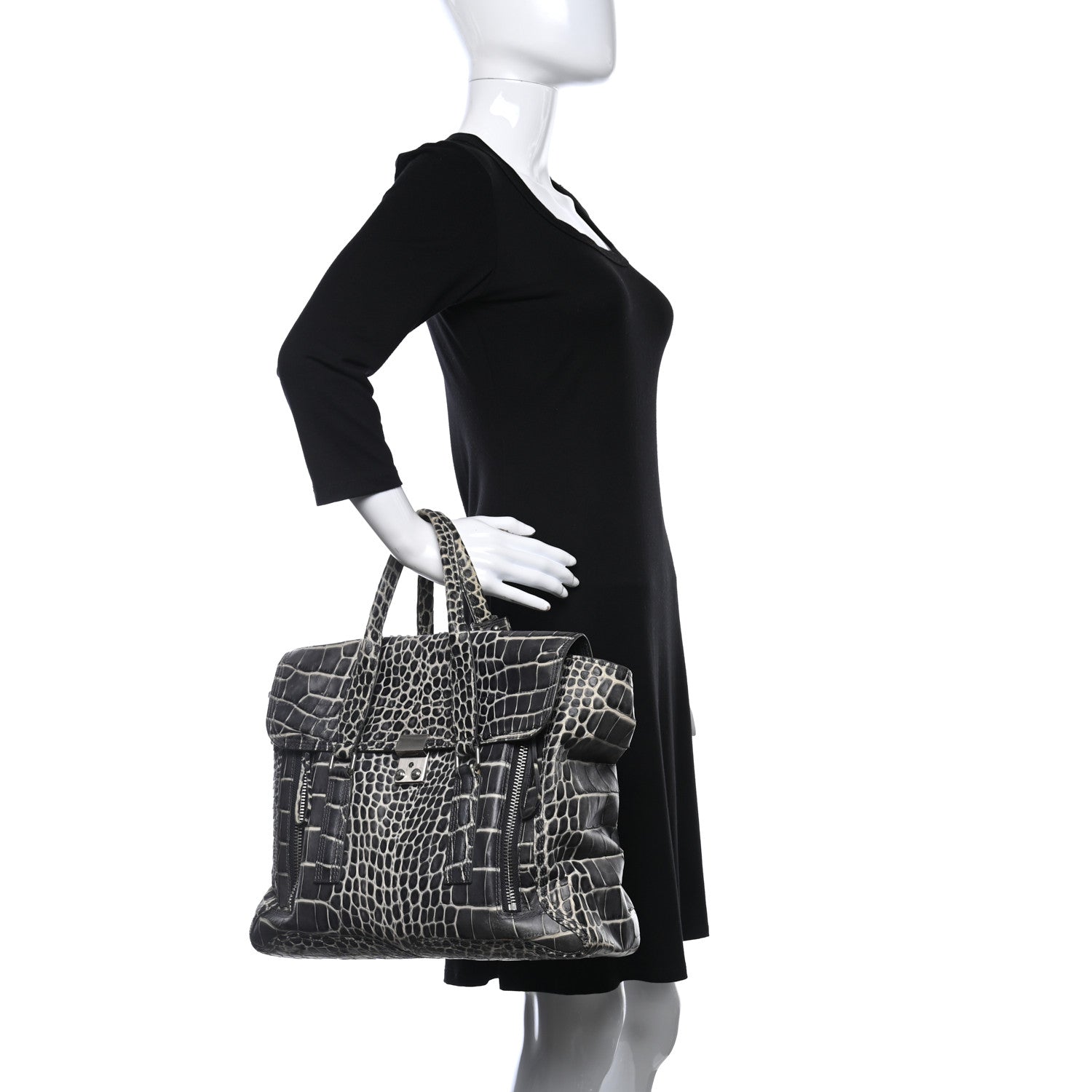 3.1 Phillip Lim Calfskin Crocodile Embossed Large Pashli Satchel Antique Grey 2 of 11