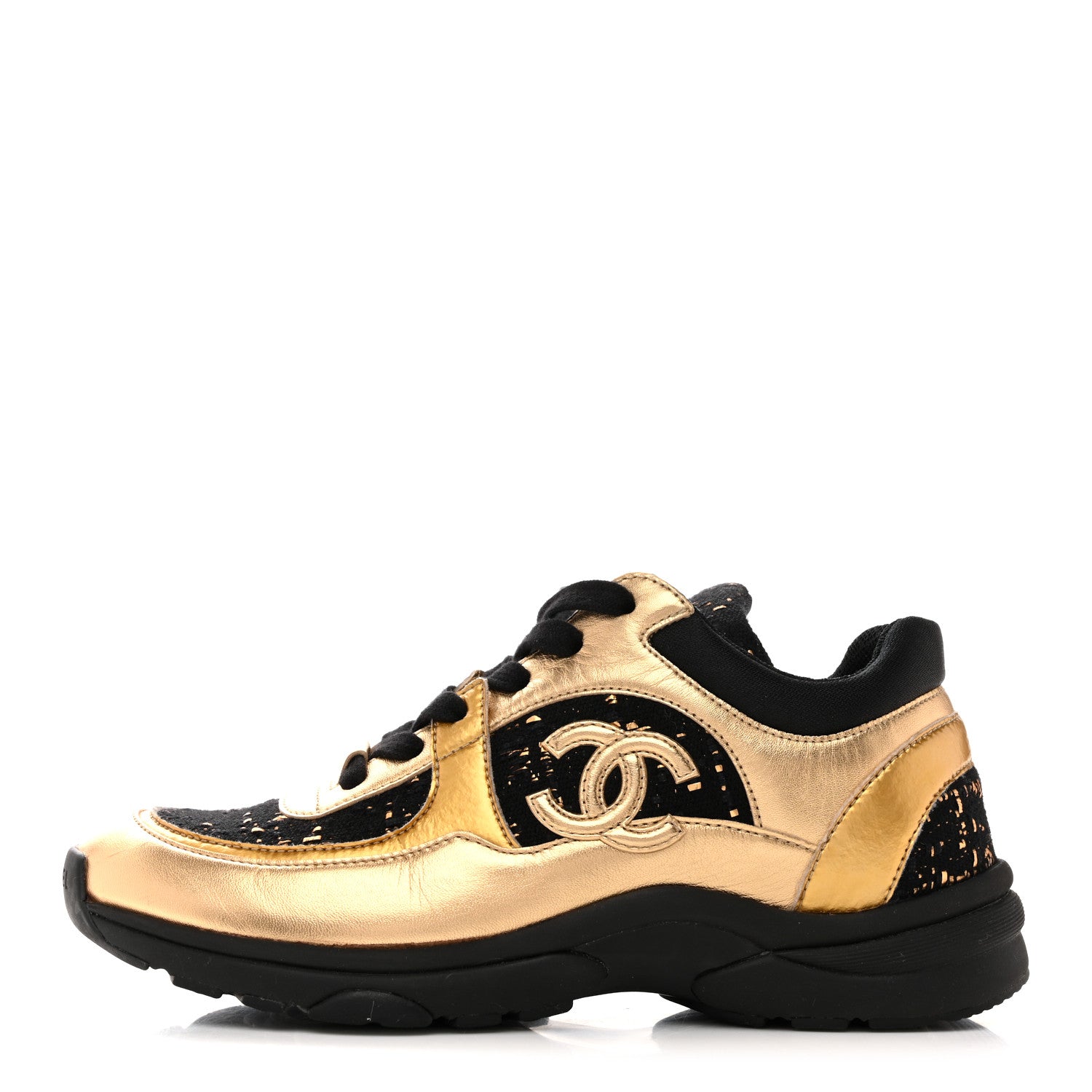Chanel Satin Lambskin Fabric Tweed CC Sneakers 36.5 Gold Black 1 of 10