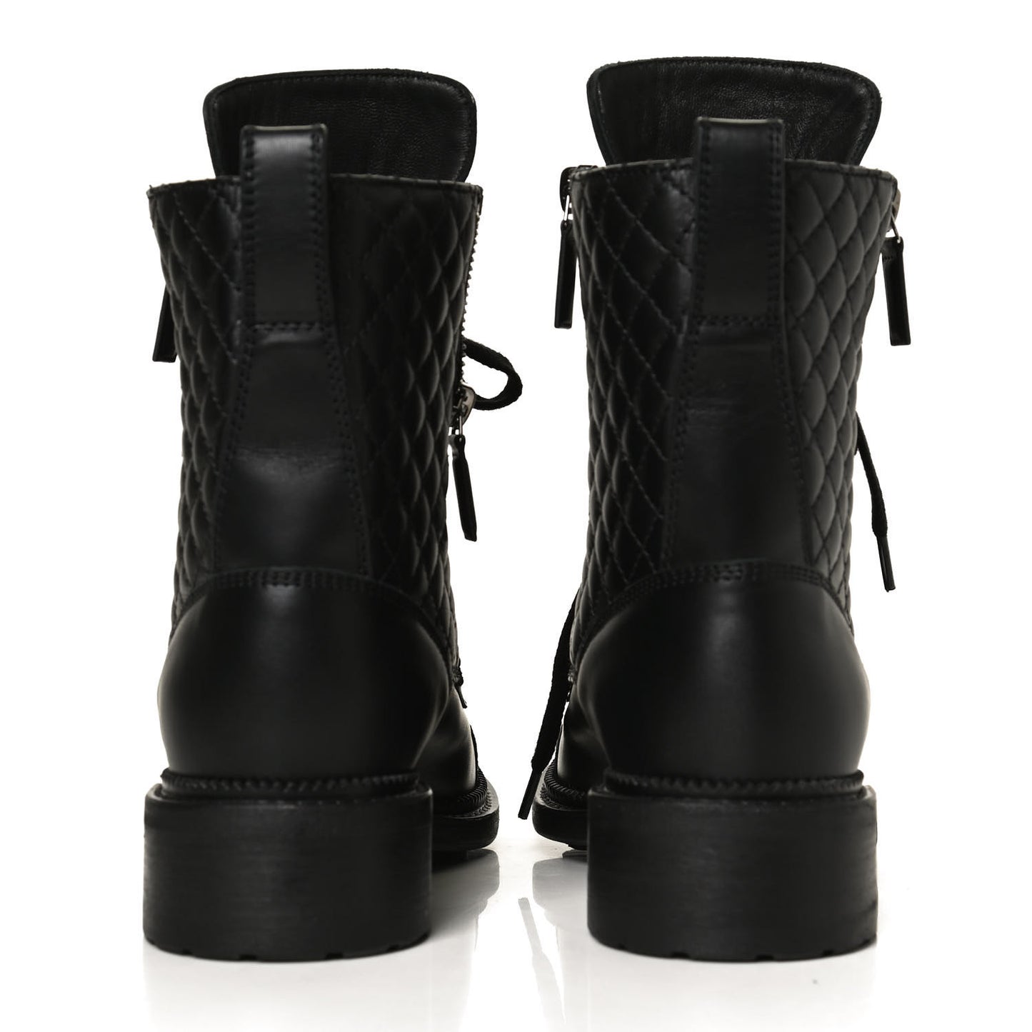 Calfskin Quilted Lace Up Combat Boots 36 Black