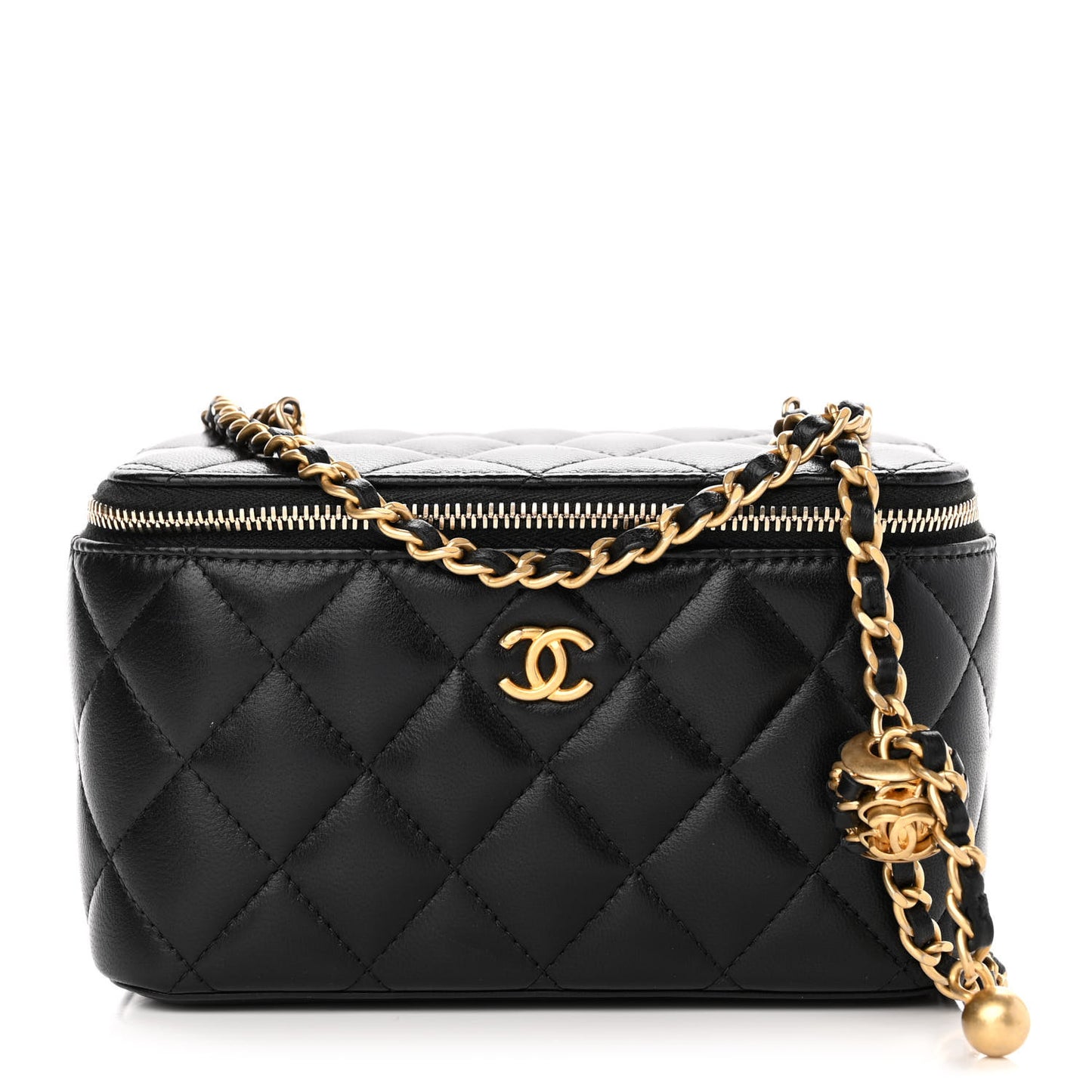 Lambskin Quilted Small Pearl Crush Vanity Case With Chain Black