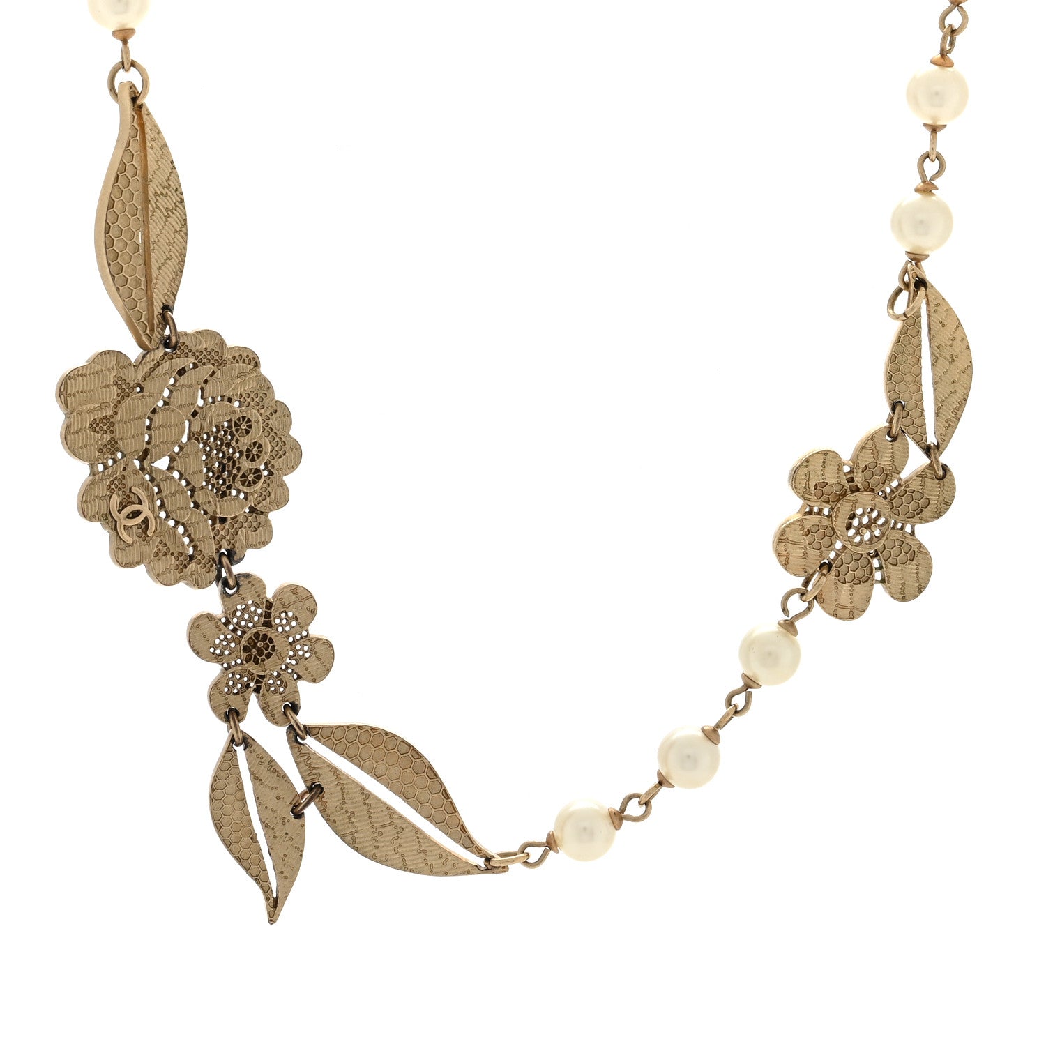 Chanel Pearl Crystal CC Camellia Short Necklace Gold 1 of 5