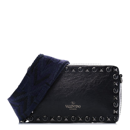 Valentino Garavani Craquele Calfskin Guitar Strap Rockstud Rolling Camera Bag Black 1 of 13