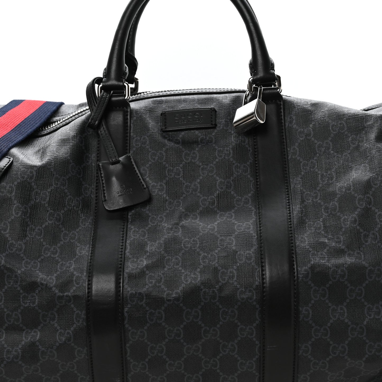 Soft GG Supreme Monogram Appia Calfskin Web Large Carry On Duffle Bag Black Grey