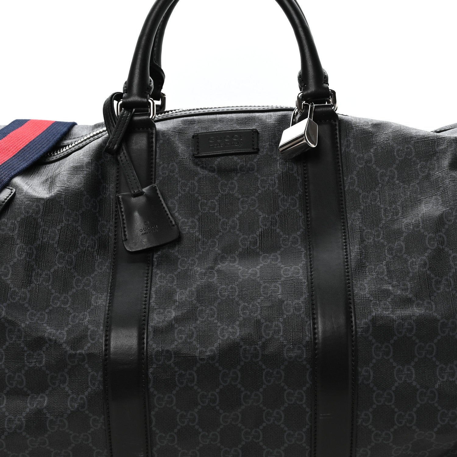 Gucci Soft GG Supreme Monogram Appia Calfskin Web Large Carry On Duffle Bag Black Grey 7 of 9