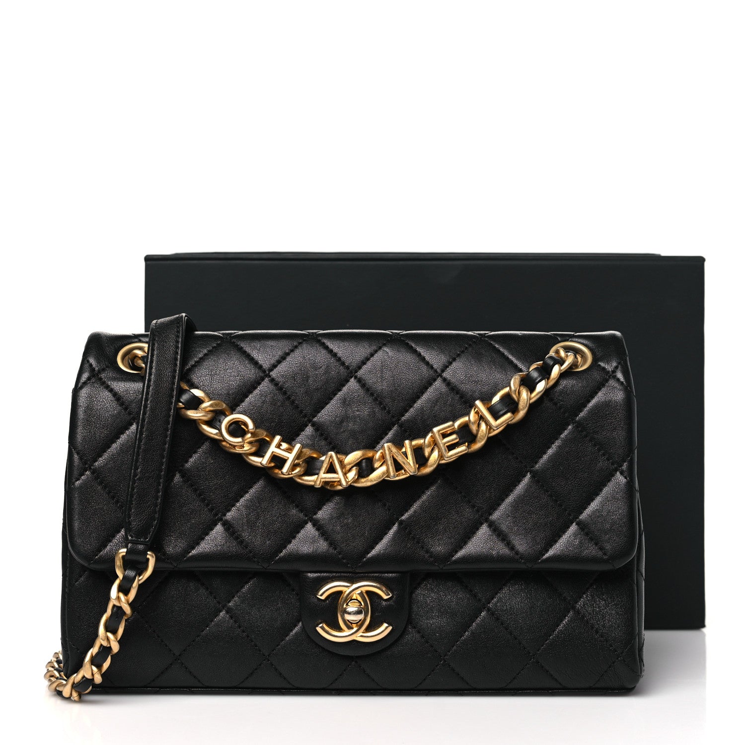Chanel Lambskin Quilted Chaine Lettre Flap Black 11 of 11