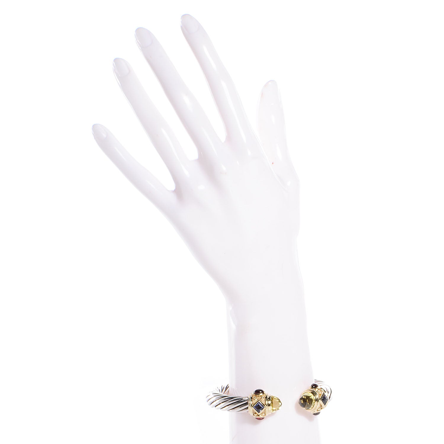 David Yurman Sterling Silver 14K Gold Garnet Iolite and Green Quartz 10mm Renaissance Cable Cuff 2 of 4
