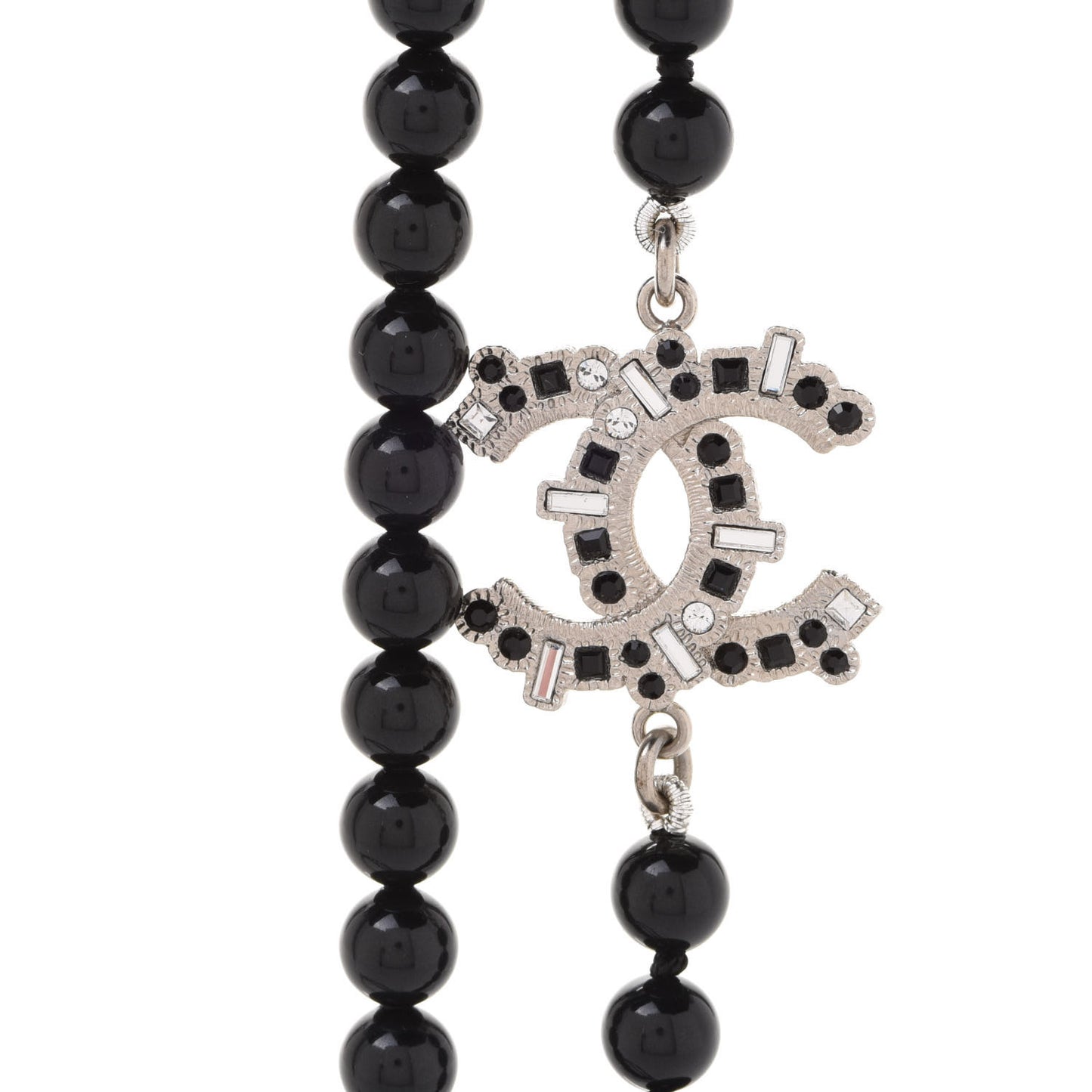 Ruthenium Crystal Baguette Pearl Beaded CC Long Necklace Black