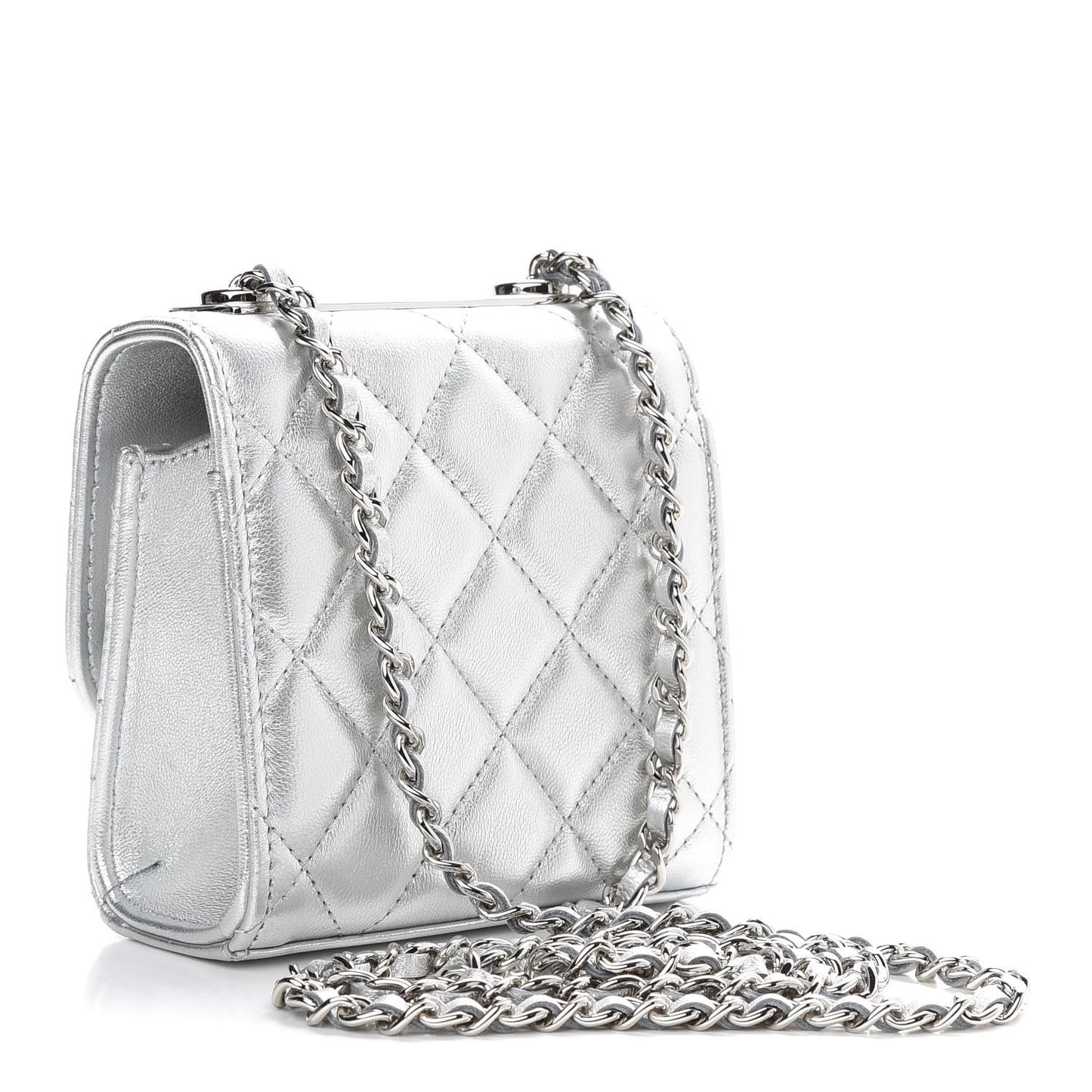 Metallic Lambskin Quilted Mini Trendy CC Clutch With Chain Silver