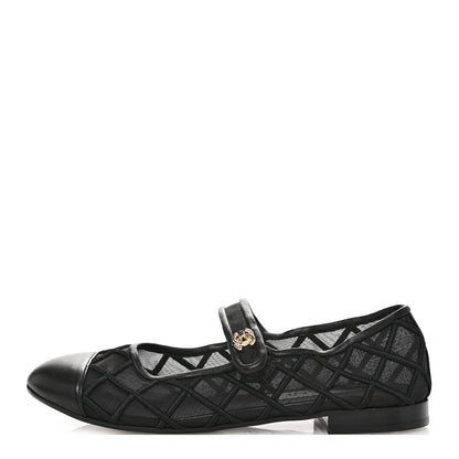Chanel Lambskin Fabric Mesh Quilted Mary Jane Cap Toe Flats 40 Black 39 Black 1 of 8