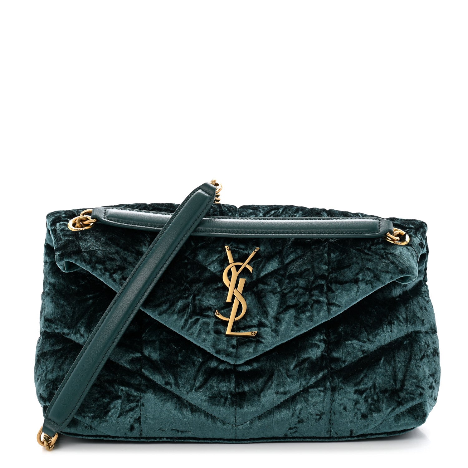 Saint Laurent Crushed Velvet Quilted Small Loulou Puffer Monogram Chain Satchel Emerald Vert 1 of 10